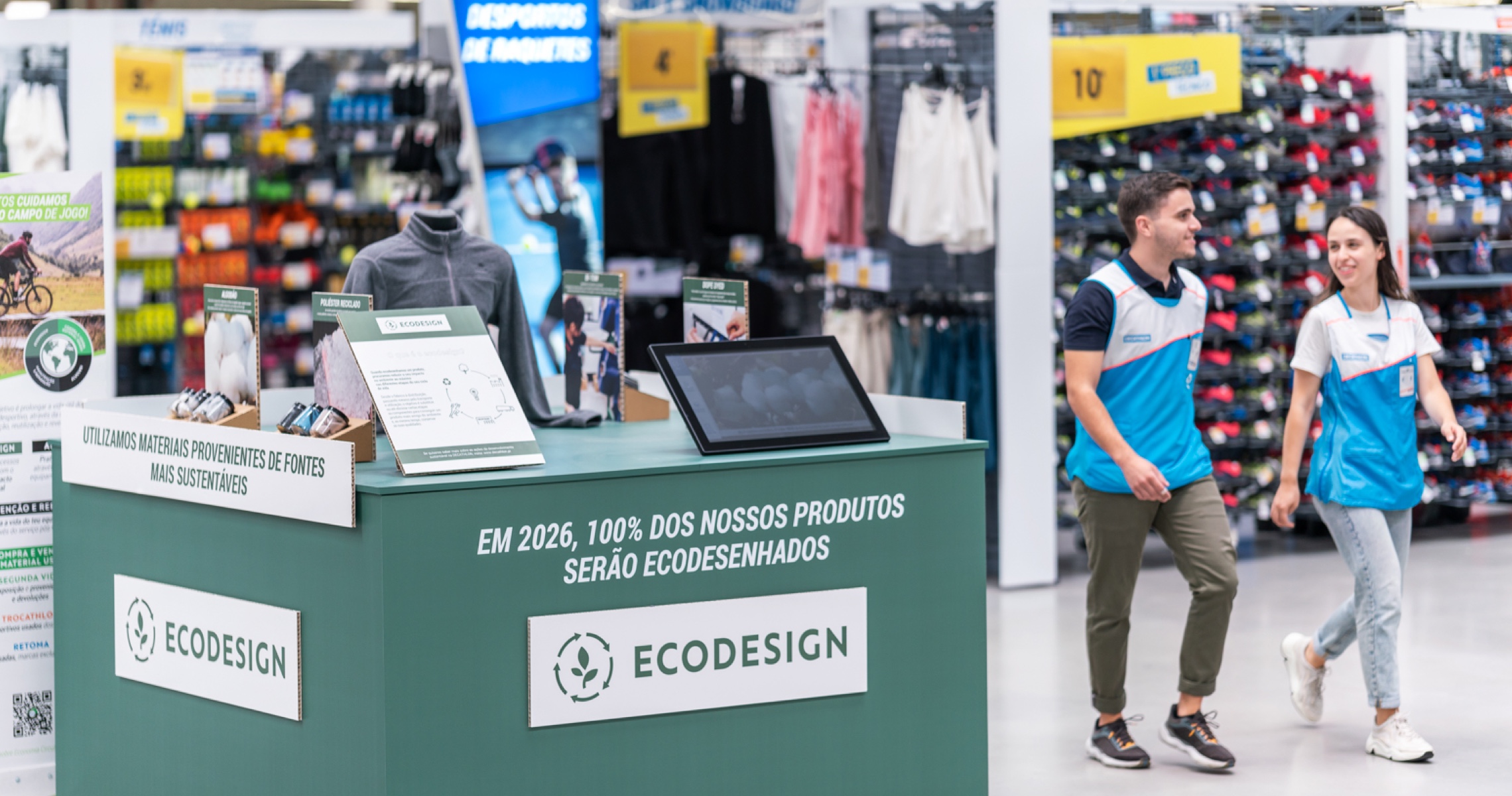 destaque movel corredor central com promessa de ecodesgin produtos Decathlon